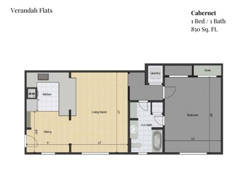 Floor plan for 1 bed, 1 bath, 850 sqft